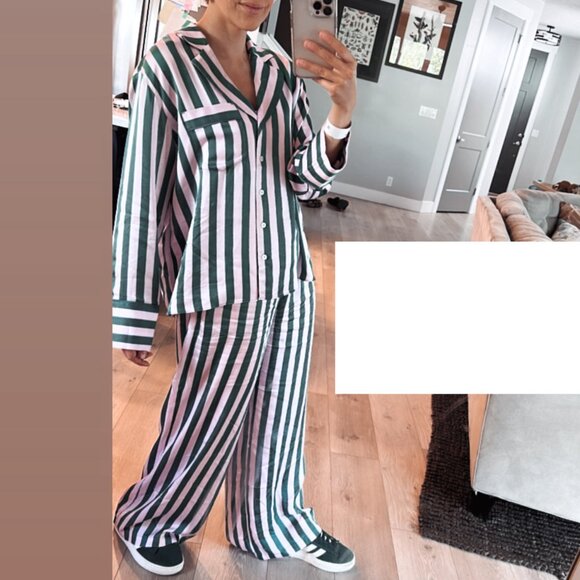 Anthropologie LyreBird Silky Oversized PJ Striped Green Pajama Set XS - Picture 2 of 6
